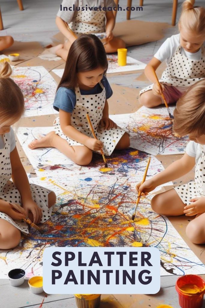 Splatter painting group of children painting on the floor