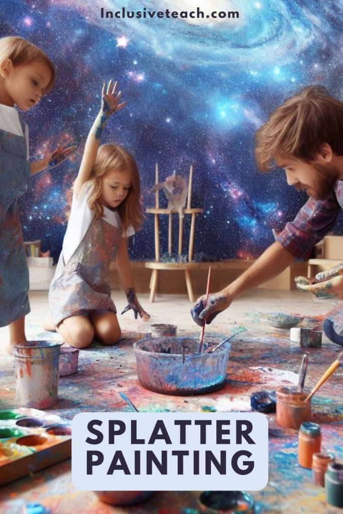 A space theme splatter painting activity parent and two children
