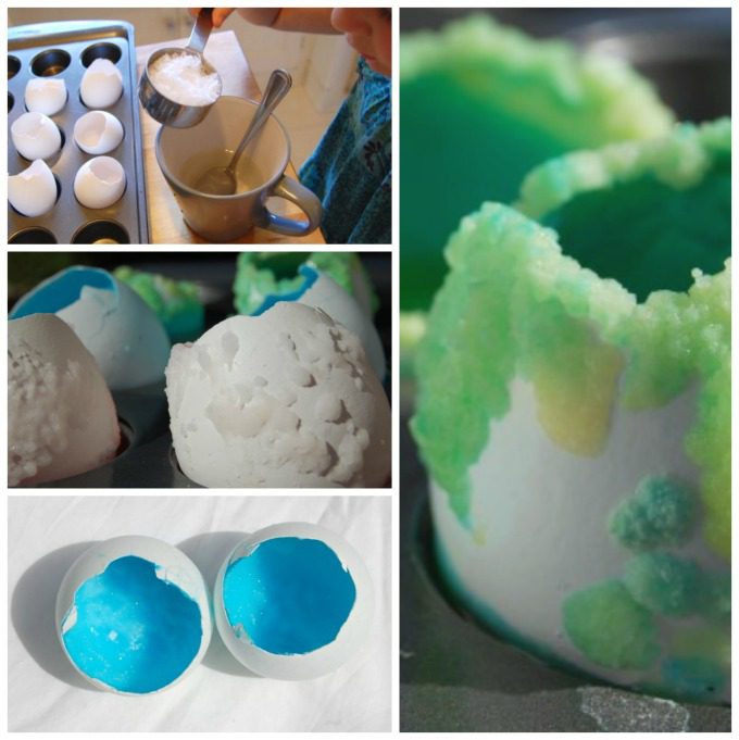 Series of photos showing a science experiment using crystallization to turn eggshells into geodes