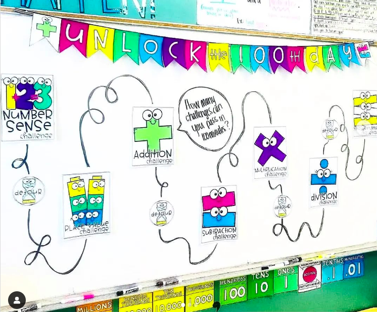 A poster with 100th day challenges hangs in a classroom as an example of 100th day of school ideas