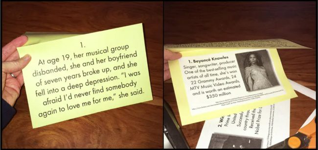 Side-by-side images showing a card describing a person's difficulties in starting their singing career, and the reveal that it describes Beyonce Knowles