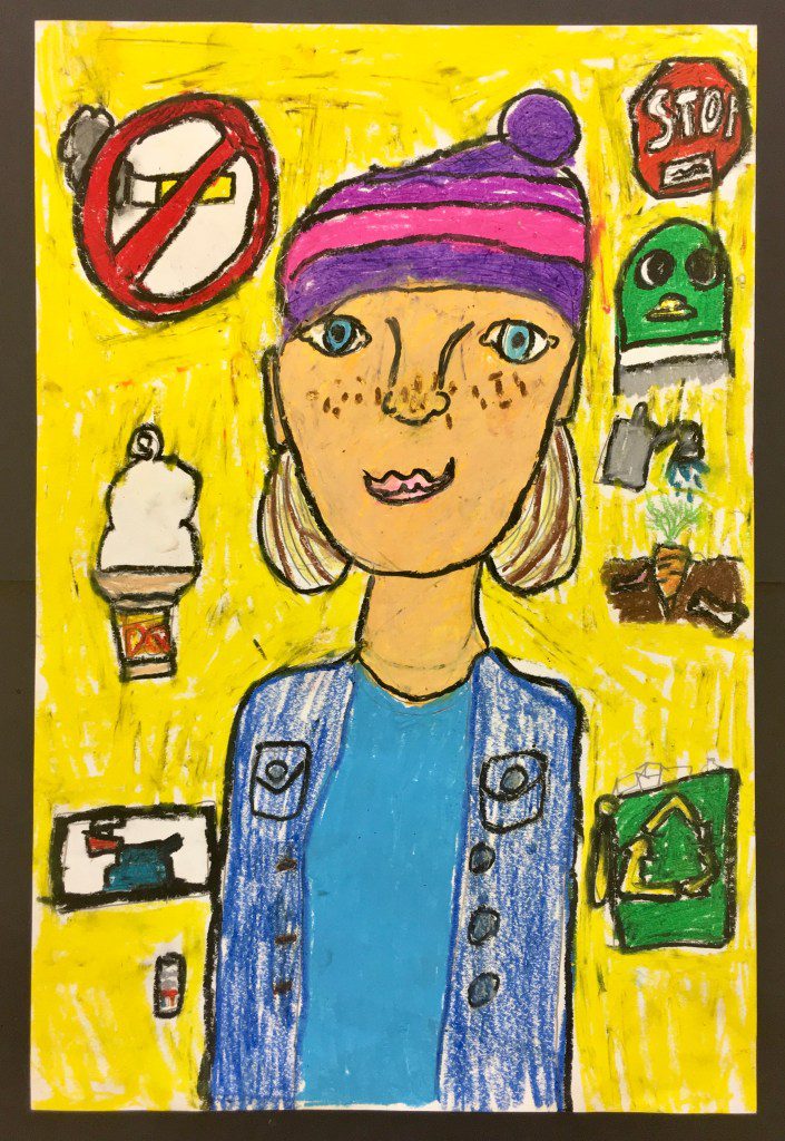 A hand-drawn little girl is shown from the waist up. items are drawn around her that include an ice cream and a recycling symbol.
