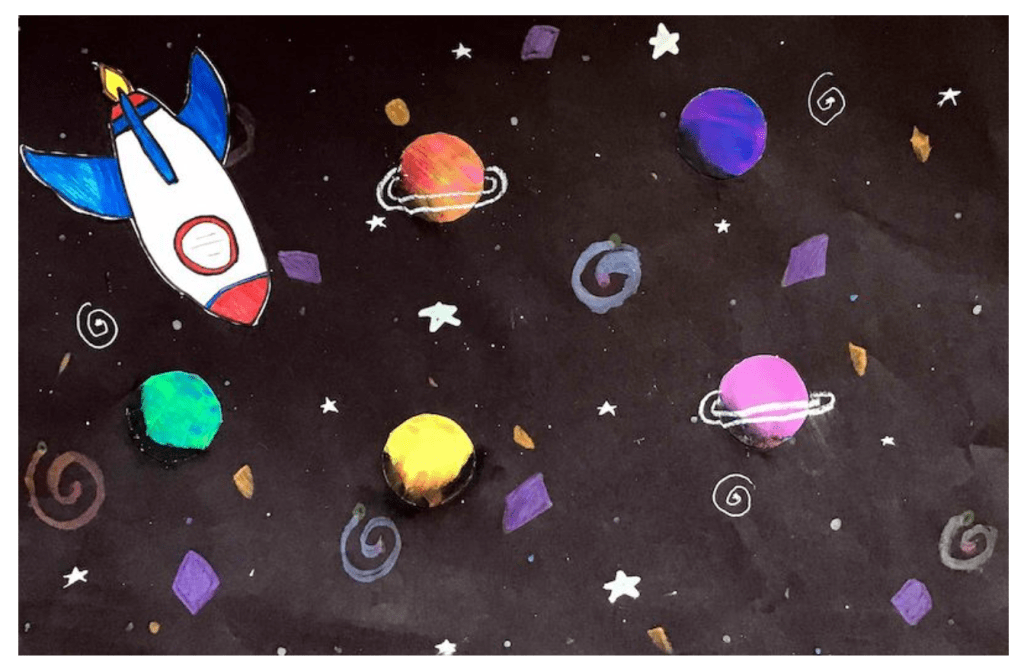 A black background has a rocketship drawn in the corner and different colored planets 
