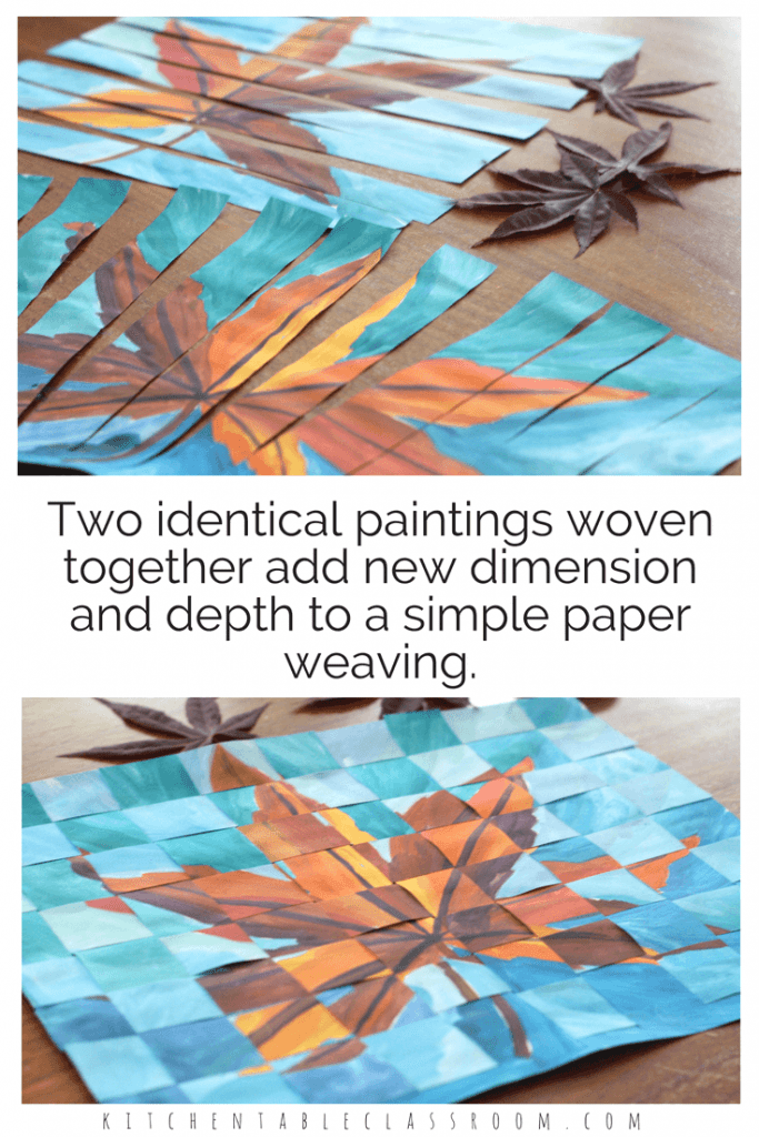 Two paintings of leaves are cut into strips and woven together.