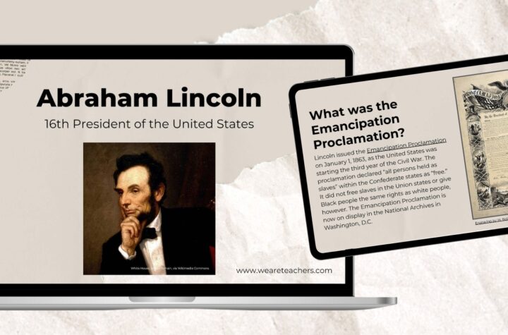 Laptop and tablet screens featuring Abraham Lincoln Google Slides.