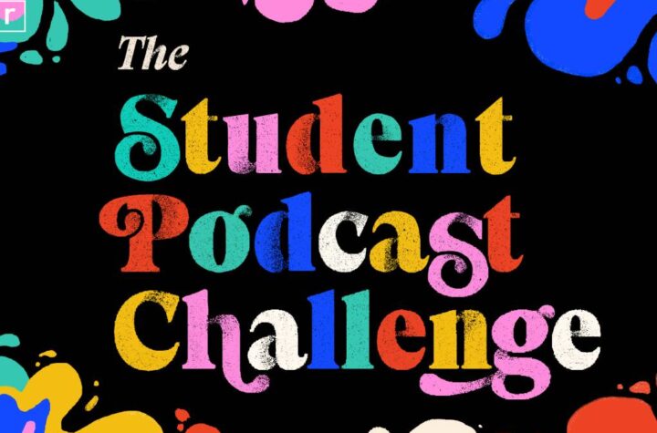 scripted text in multiple colors reads "The Student Podcast Challenge" on a black background. Color flowers poke into the the frame all around the border. NPR logo in white at top left.