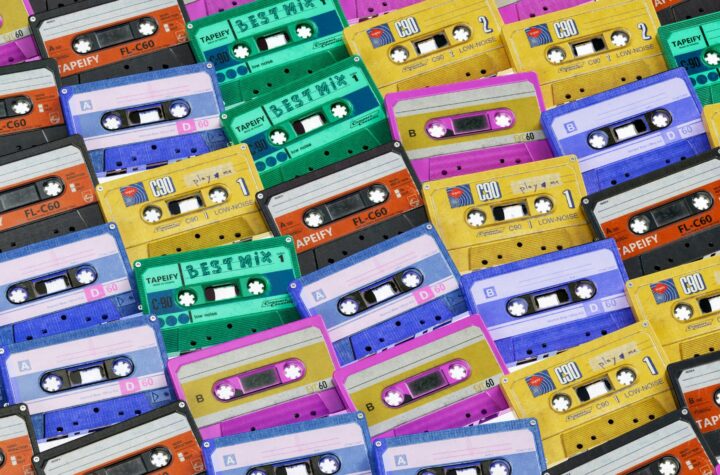 A colorful collection of cassette tapes. Concept image for audio, music, sounds.